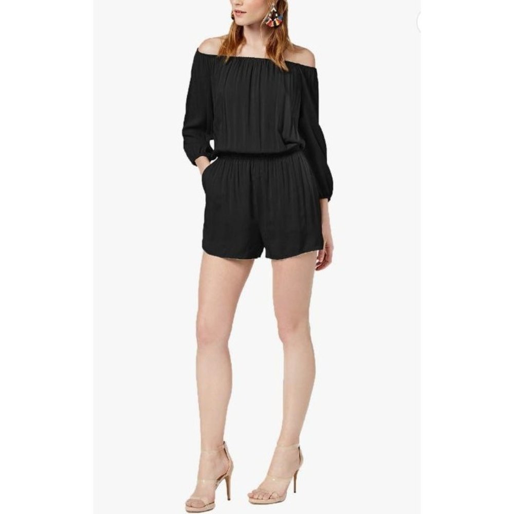 Bar III Womens Black Elastic Waist Long Sleeve Off Shoulder Romper Size Small